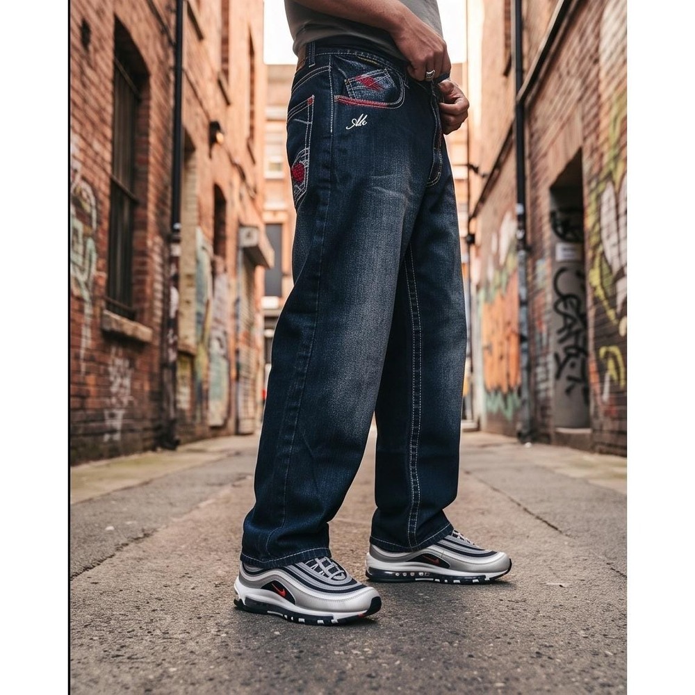 Akademiks Mens 44 Baggy Denim Jeans Blue Embroidered Y2K Hip Hop Streetwear